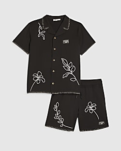 Boys Black Embroidered Swim Set