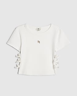 Girls White 3D Bow Ribbed Top