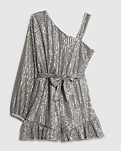 Girls Silver Sequin One Shoulder Playsuit