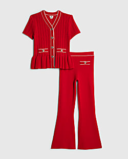 Girls Red Peplum Hem Short Sleeve Top Set