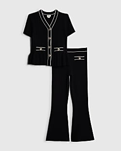 Girls Black Peplum Hem Short Sleeve Top Set