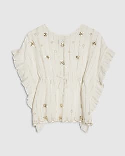 Mini Girls Cream Embroidered Sequin Kaftan