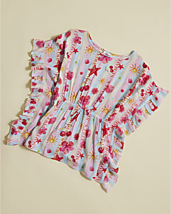 Girls Blue Beach Print Stripe Kaftan