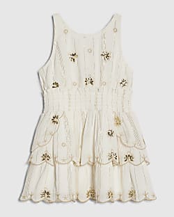 Mini Girls Cream Scalloped Beach Dress