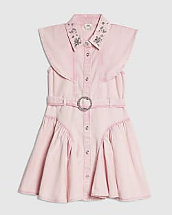 Girls Pink Denim Prom Shirt Dress