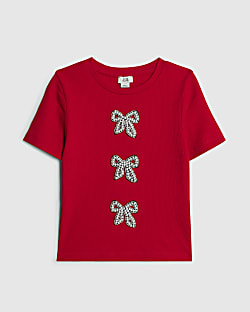 Girls Red Ribbed Pearl Bow T-Shirt