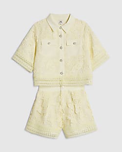 Girls Yellow Lace Blouse And Shorts Set
