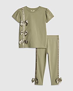 Mini Girls Khaki Satin Bow T-Shirt Set
