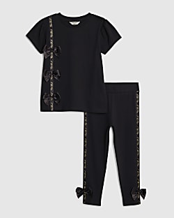 Mini Girls Black Satin Bow T-Shirt Set