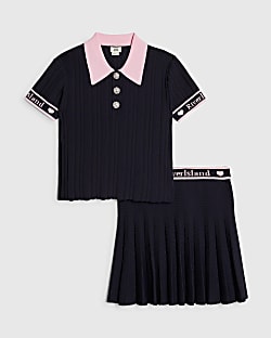 Girls Navy Polo Shirt And Skirt Set