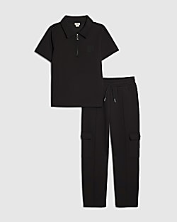 Boys Black Slim Fit Polo Jogger Set