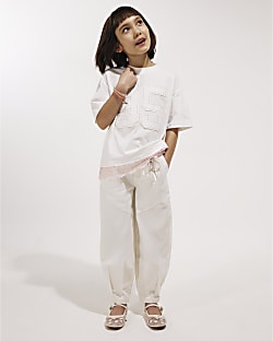 Girls Cream Twill Keyring Cargo Trousers