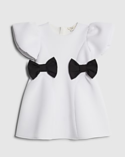 Mini Girls White Bow Side Scuba Dress