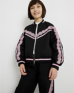 Girls Black Lace Trim Bomber Jacket