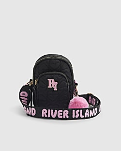 Girls Black Quilted Heart Cross Body Bag