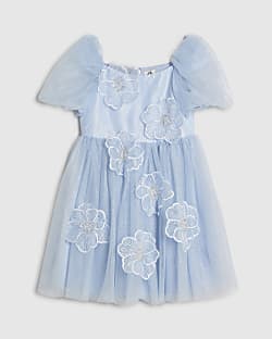 Girls Blue Puff Sleeve Floral Tulle Dress