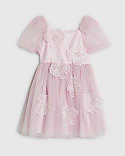 Girls Pink Puff Sleeve Floral Tulle Dress