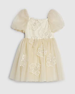 Girls Yellow Puff Sleeve Floral Tulle Dress
