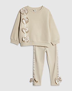Mini Girls Beige Branded Bow T-Shirt Set