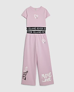 Girls Pink Graffiti Wide Leg Trousers Set
