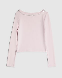Girls Pink Long Sleeved Diamante Top