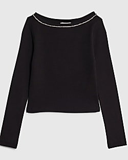 Girls Black Long Sleeved Diamante Top