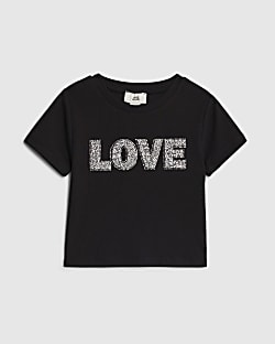 Girls Black Ribbed Love Embellished T-Shirt