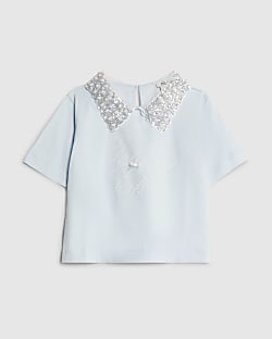 Girls Blue Pearl Collar T-Shirt