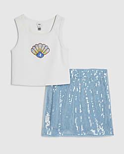 Girls Blue Shell Sequin Skirt Set