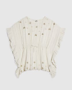 Girls Cream Embellished Kaftan