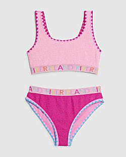 Girls Pink Textured Elastic Bikini Set