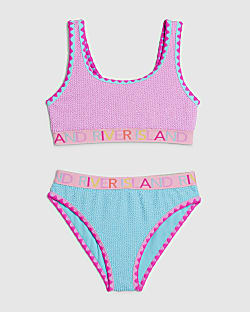 Girls Purple Textured Elastic Bikini Set