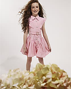 Girls Pink Stripe Belted Dress