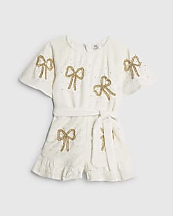Girls Cream Velvet Bow Playsuit