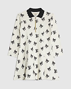 Mini Girls Cream Bow Rib Polo Dress