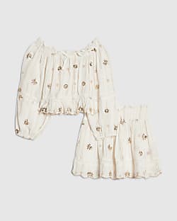 Girls Cream Embroidered Skirt Set