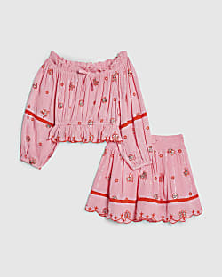 Girls Pink Embroidered Mirror Skirt Set