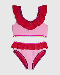 Girls Pink Textured Frill Bikini Set