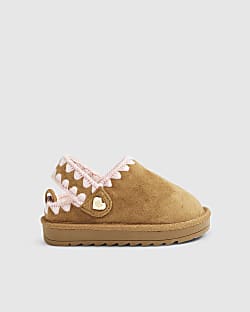 Mini Girls Beige Whipstitch Strap Slippers