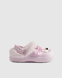 Girls Pink Faux Fur Lined Charm Clogs