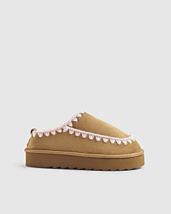 Girls Beige Whipstitch Moccasin Mule Slippers