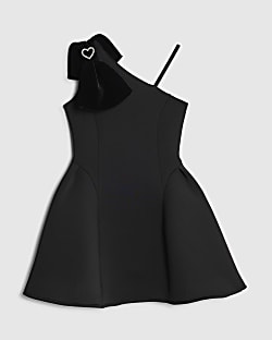Girls Black One Shoulder Bow Skater Dress