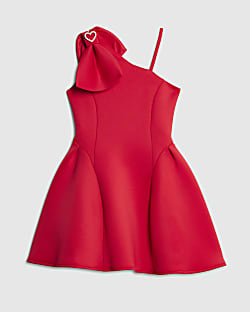 Girls Red One Shoulder Bow Scuba Dress