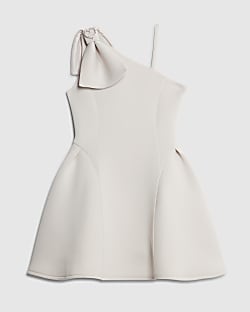 Girls Grey One Shoulder Bow Scuba Dress