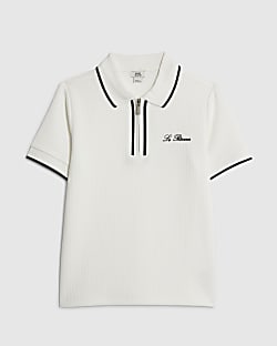 Boys White Slim Fit Textured Polo Shirt