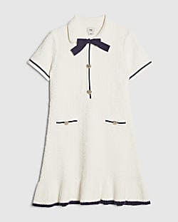 Girls Cream Boucle Bow Dress
