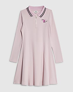 Girls Pink Ribbed Zip Polo Dress