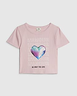 Girls Pink L'Amour Heart Ribbed T-Shirt