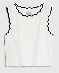 Girls White Scallop Trim Tank Top