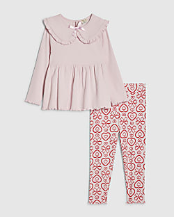 Mini Girls Pink Rib Collar Peplum Top Set